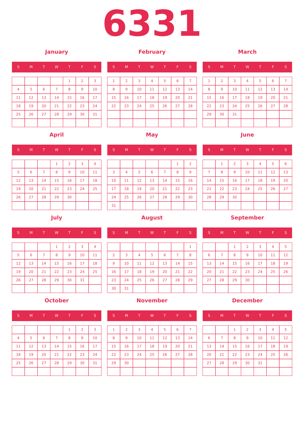 Printable 6331 Year Calendars amaranth