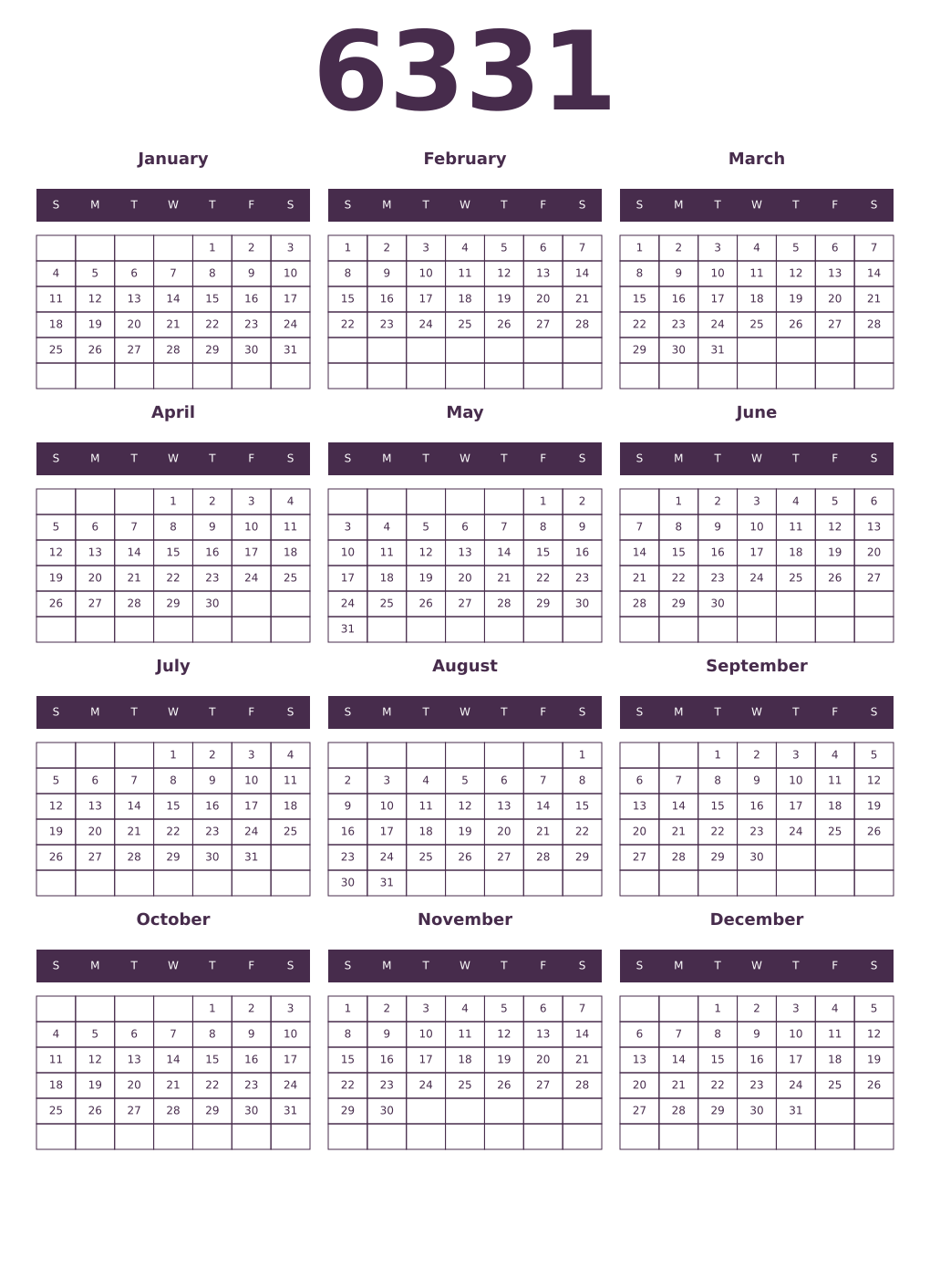 Printable 6331 Year Calendars aubergine