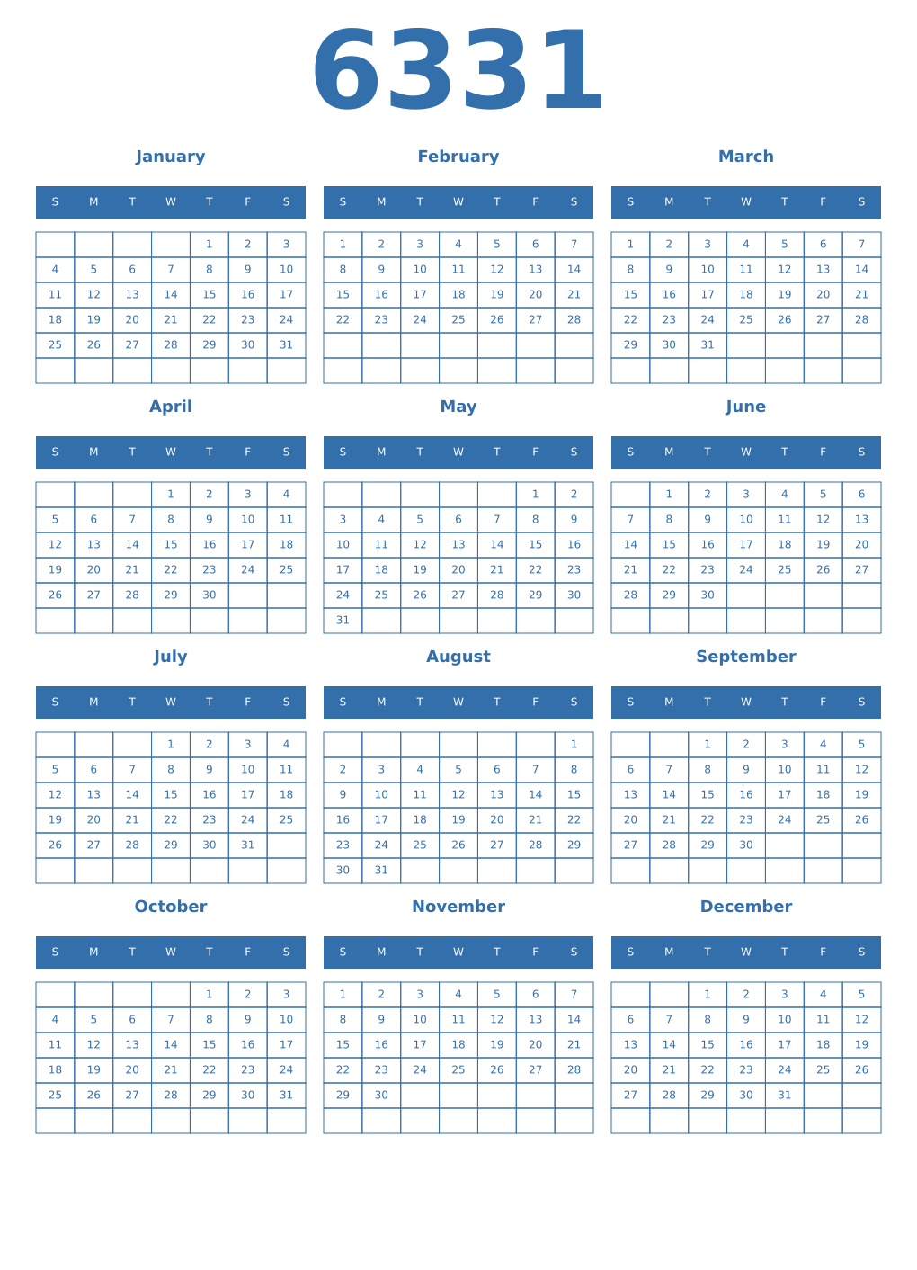 Printable 6331 Year Calendars blue