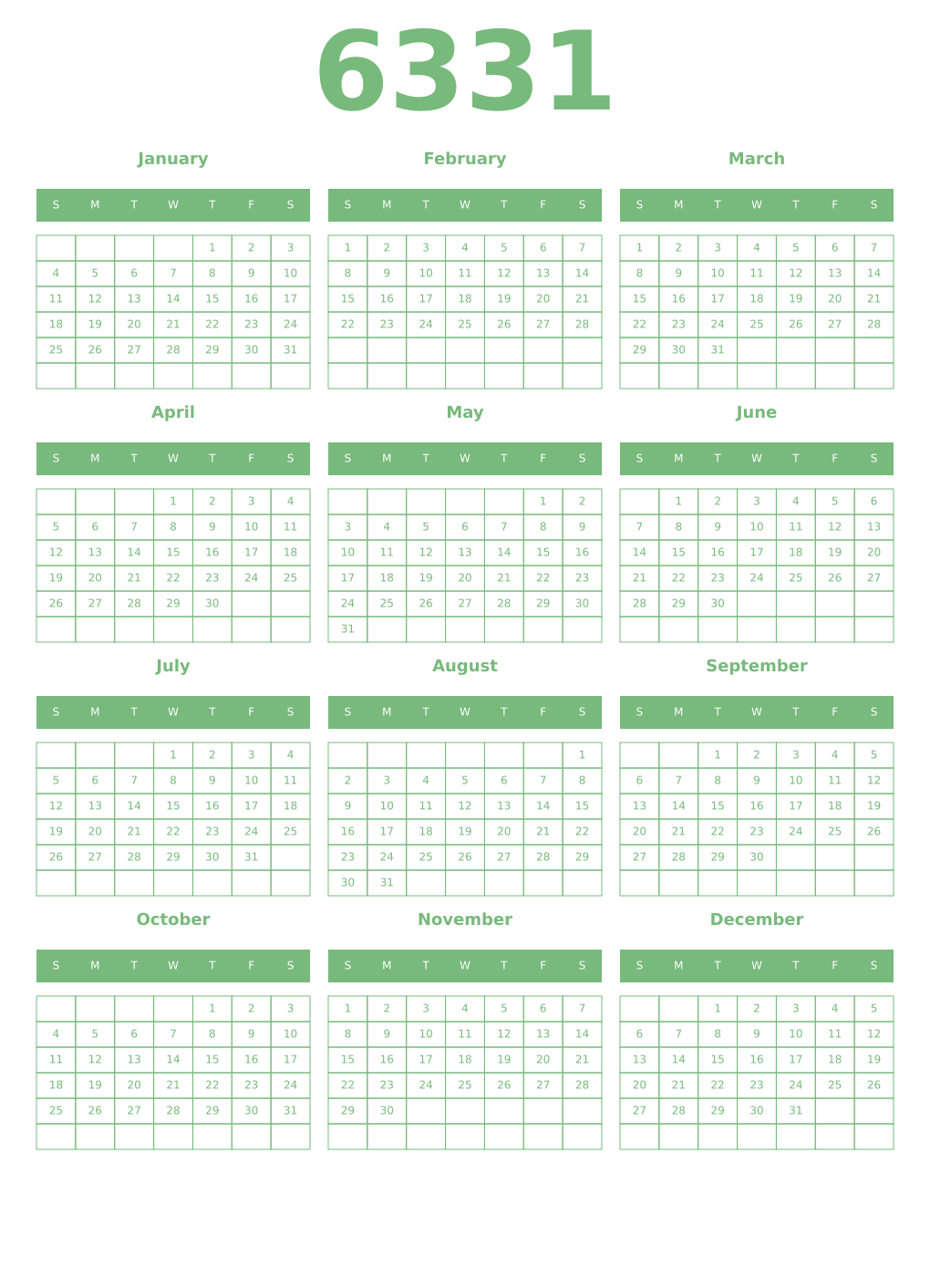 Printable 6331 Year Calendars celadon