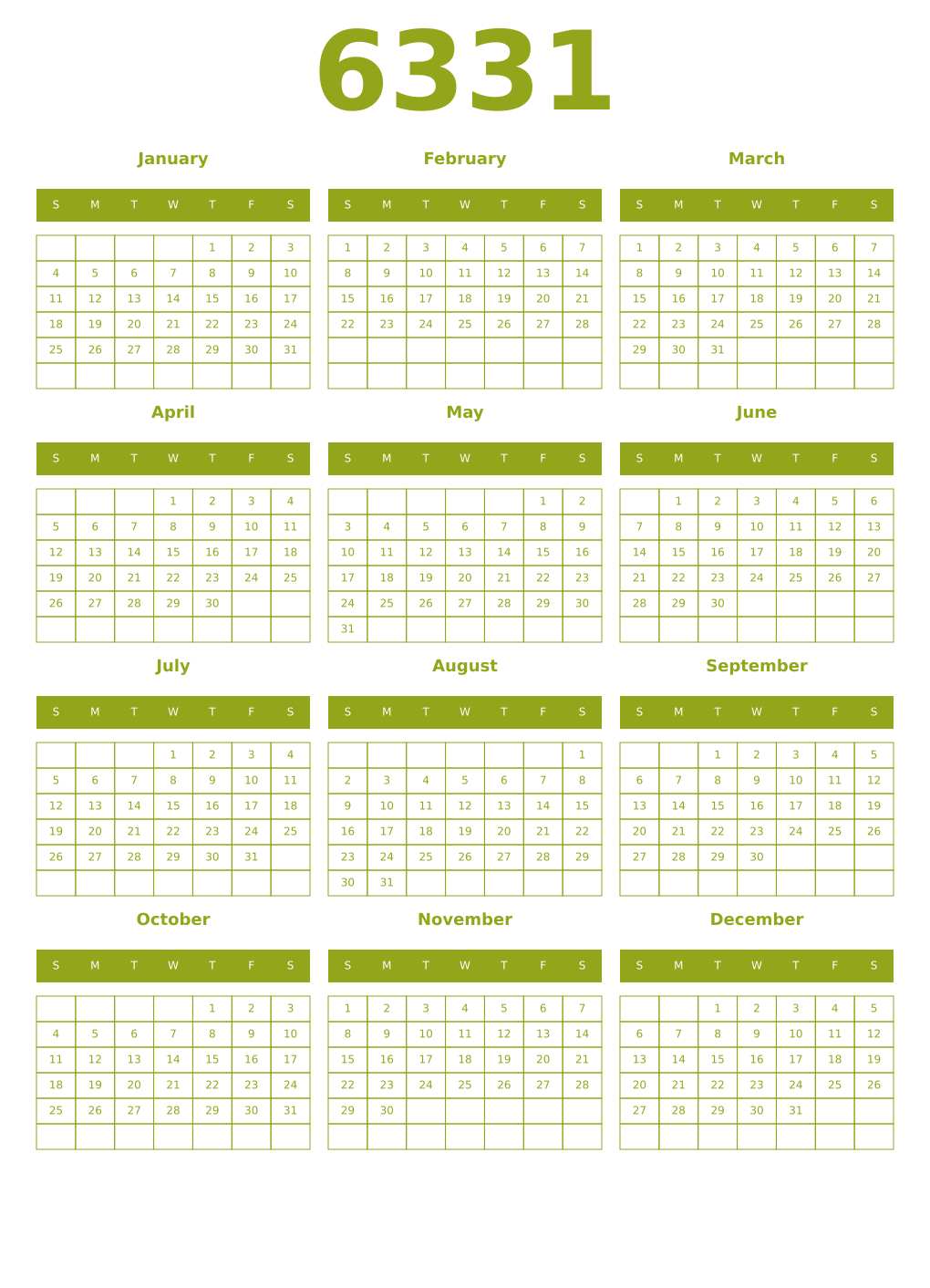 Printable 6331 Year Calendars chartreuse