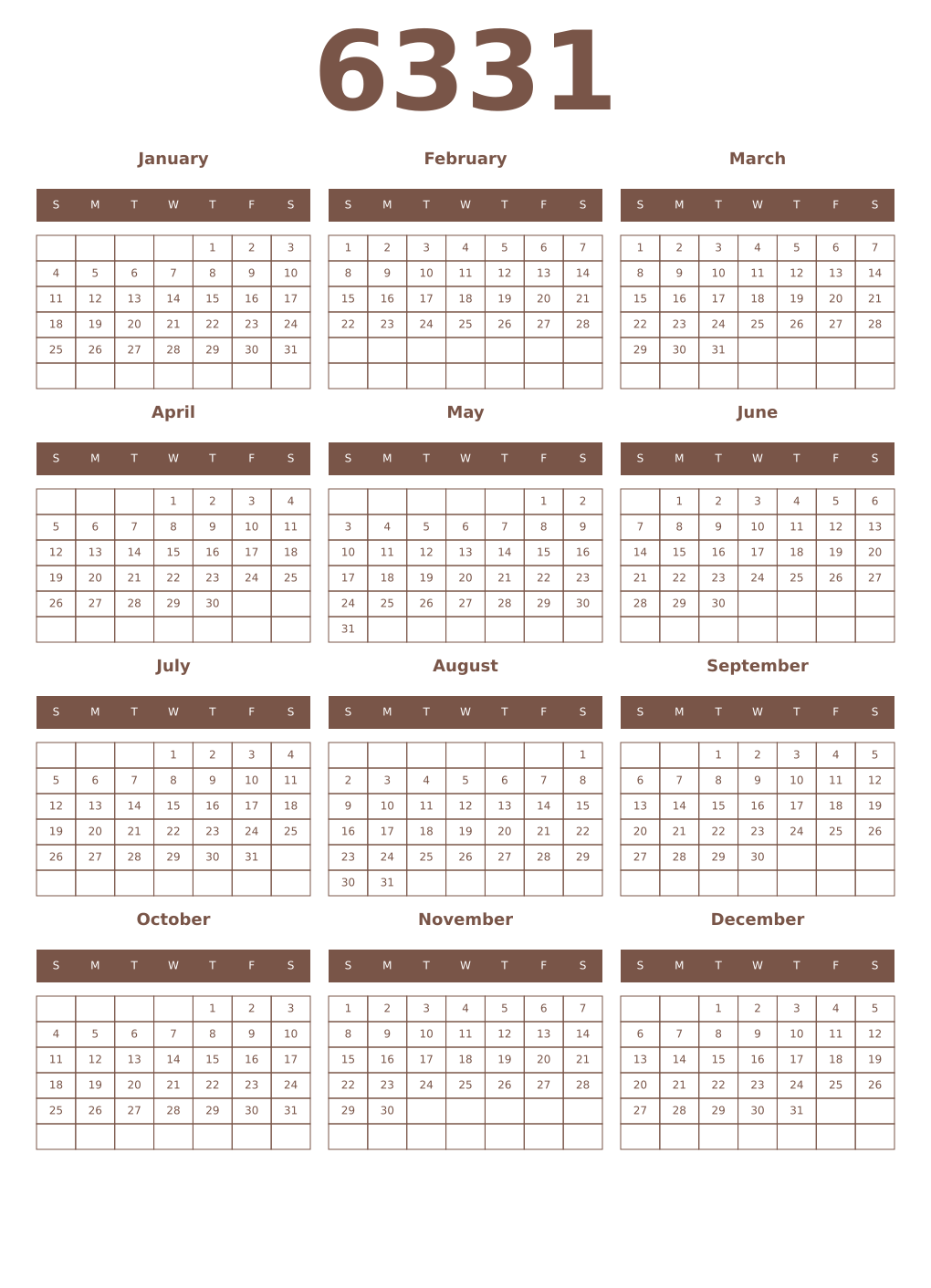 Printable 6331 Year Calendars coffe
