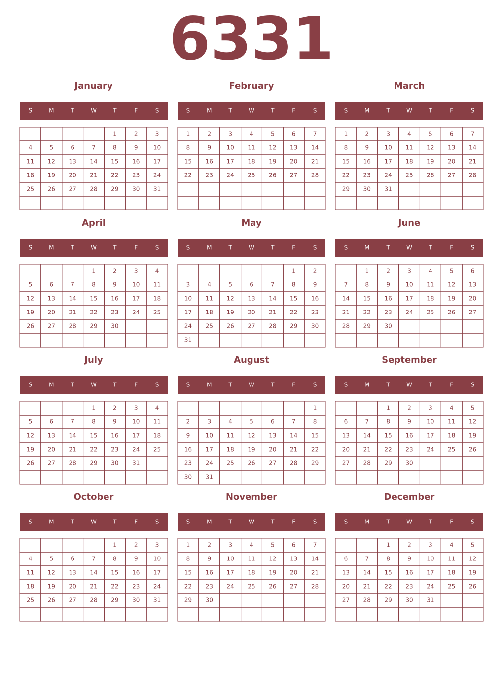 Printable 6331 Year Calendars cordovan