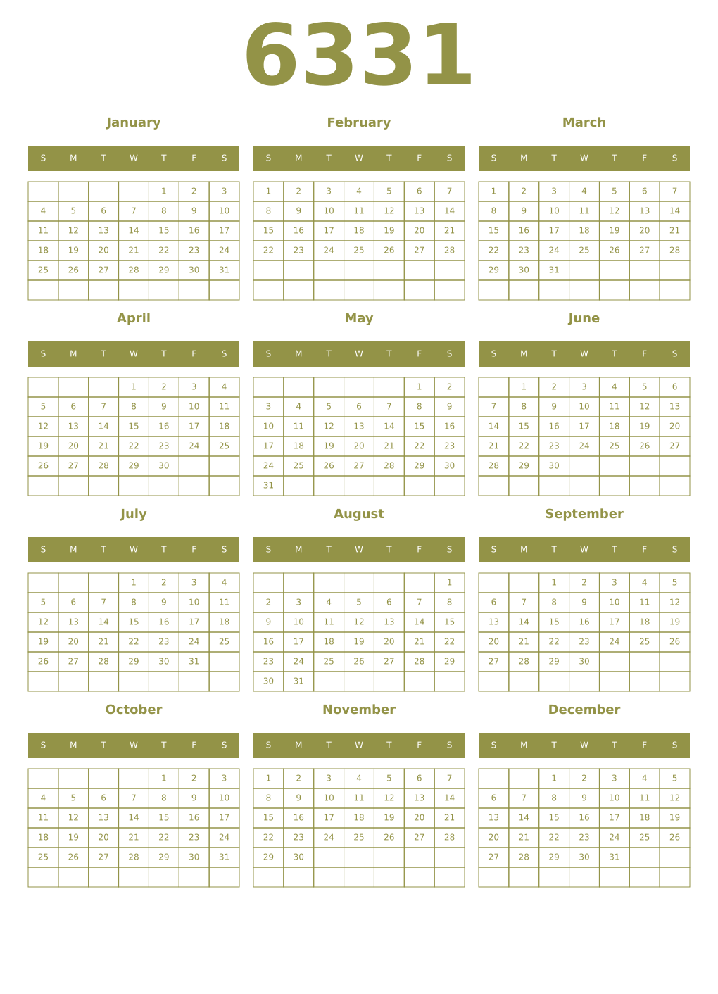 Printable 6331 Year Calendars eburnean