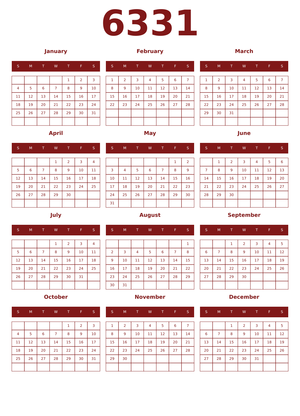 Printable 6331 Year Calendars falu