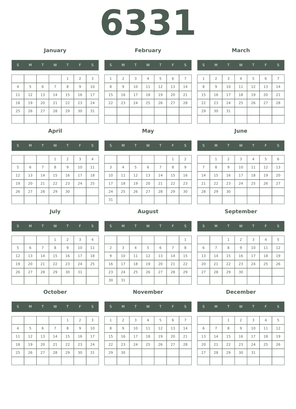 Printable 6331 Year Calendars feldgrau