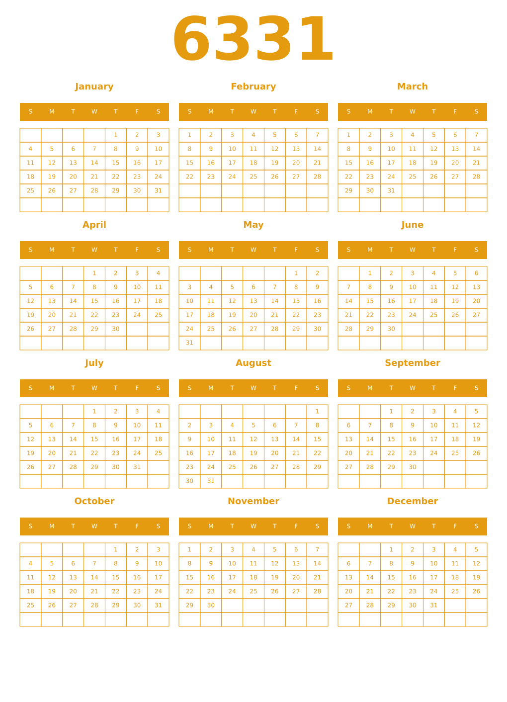 Printable 6331 Year Calendars gamboge