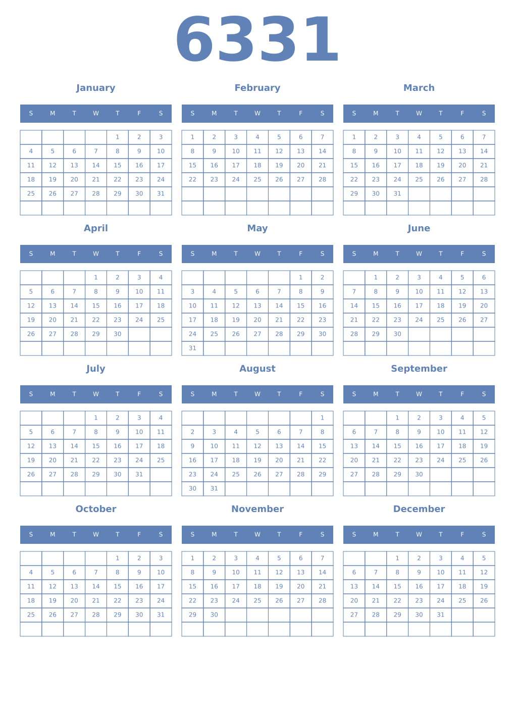 Printable 6331 Year Calendars glaucous