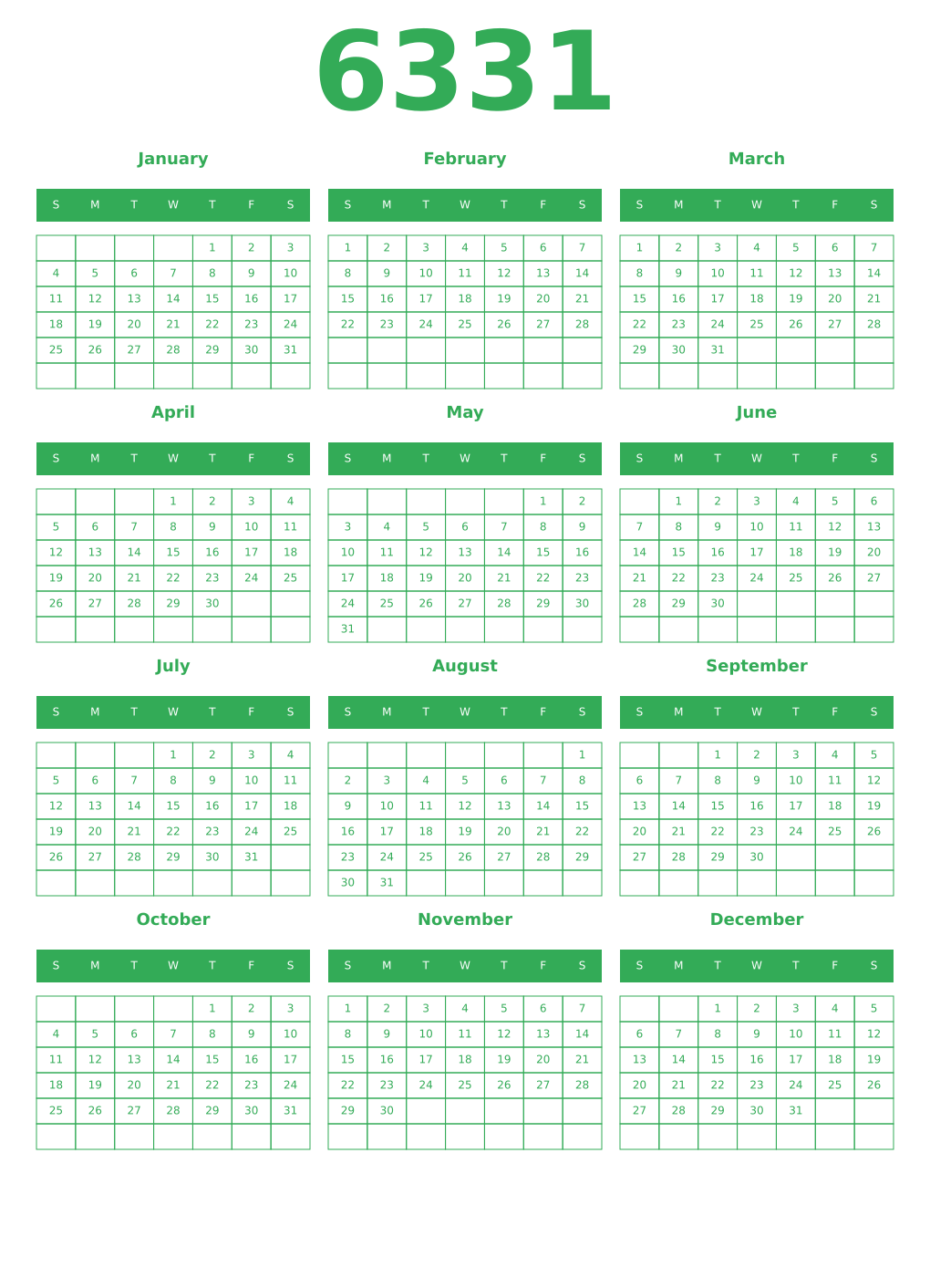 Printable 6331 Year Calendars green
