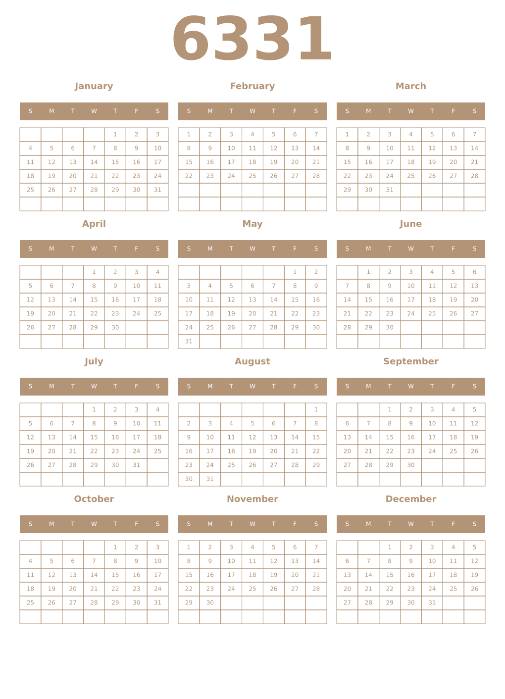 Printable 6331 Year Calendars isabelline