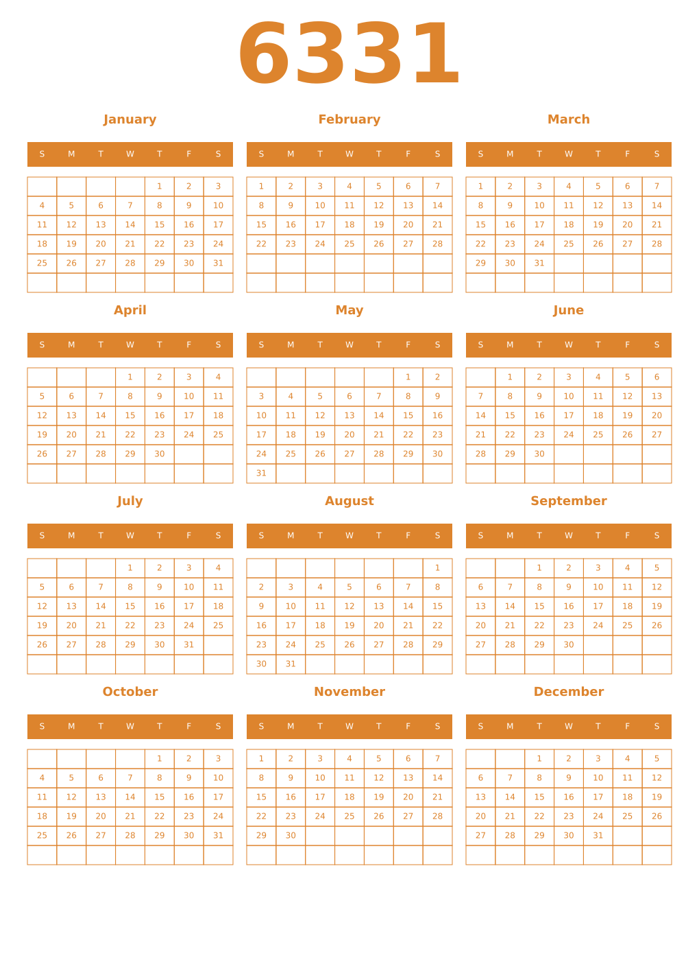 Printable 6331 Year Calendars orange