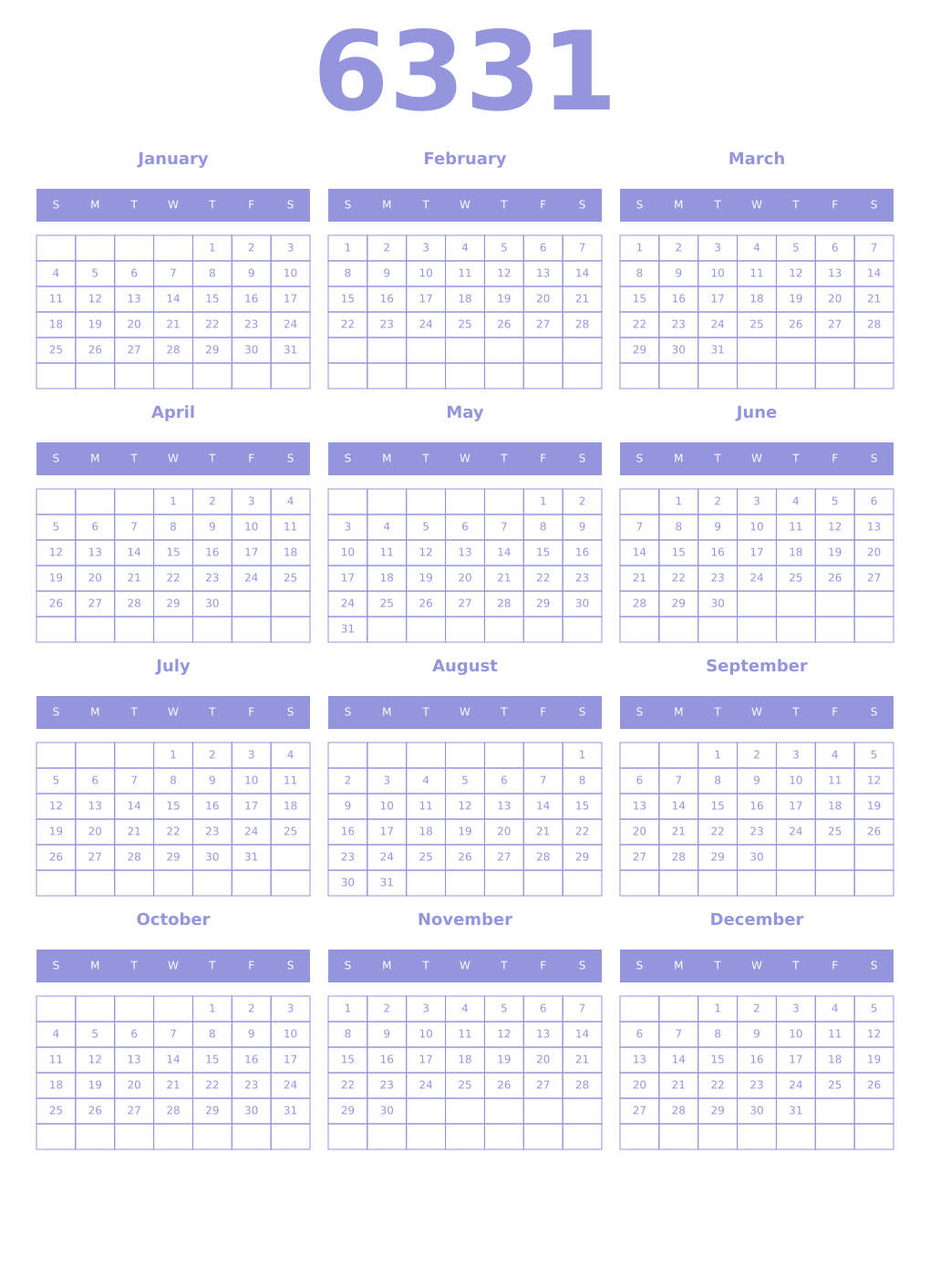Printable 6331 Year Calendars periwinkle