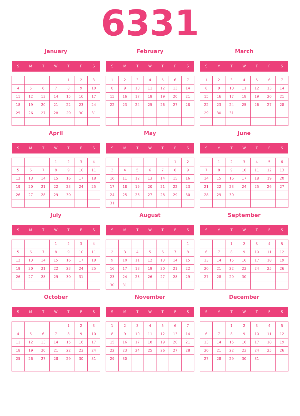 Printable 6331 Year Calendars pink