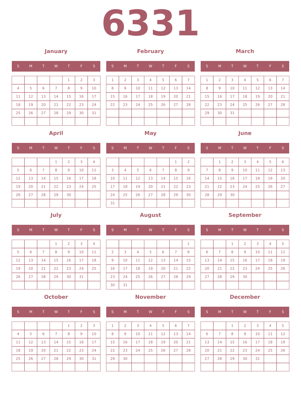 Printable 6331 Year Calendars puce