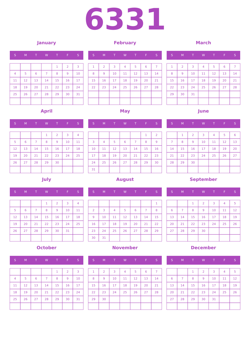 Printable 6331 Year Calendars purple