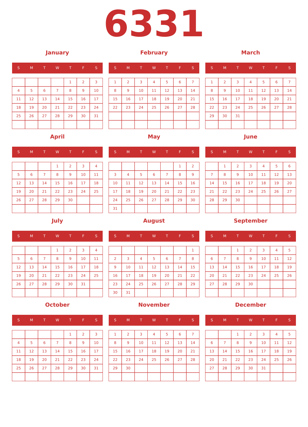 Printable 6331 Year Calendars red