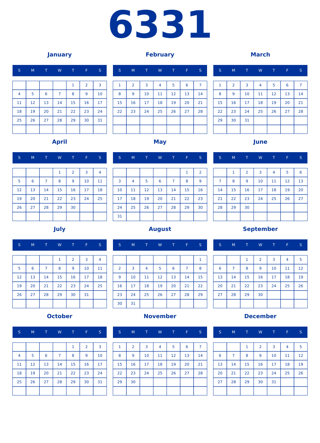 Printable 6331 Year Calendars smalt