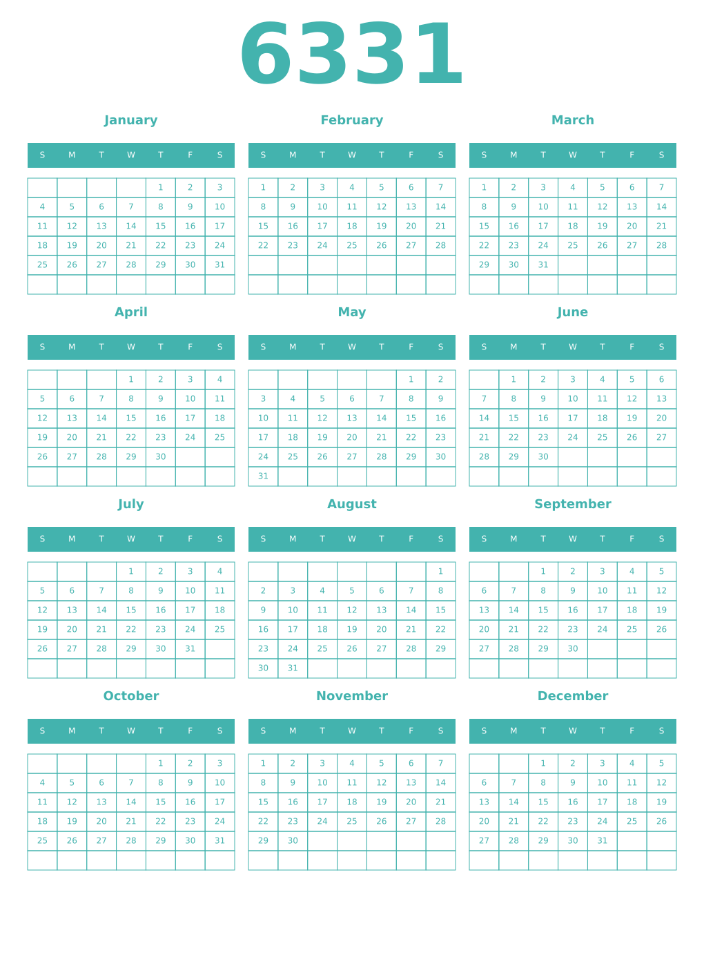 Printable 6331 Year Calendars verdigris