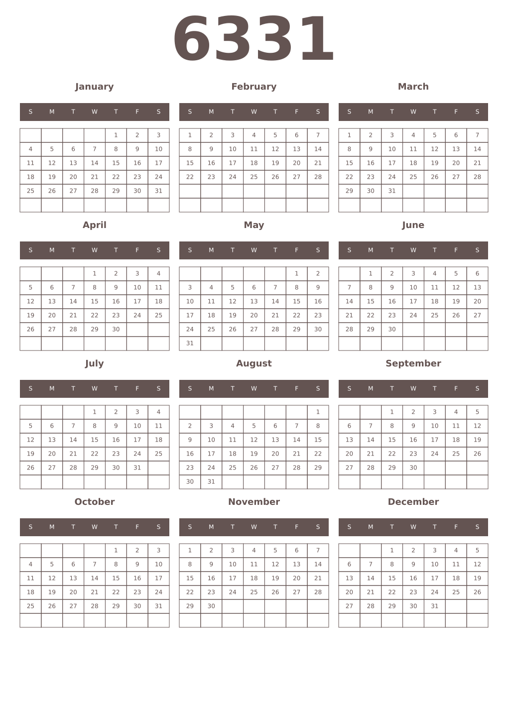 Printable 6331 Year Calendars wenge