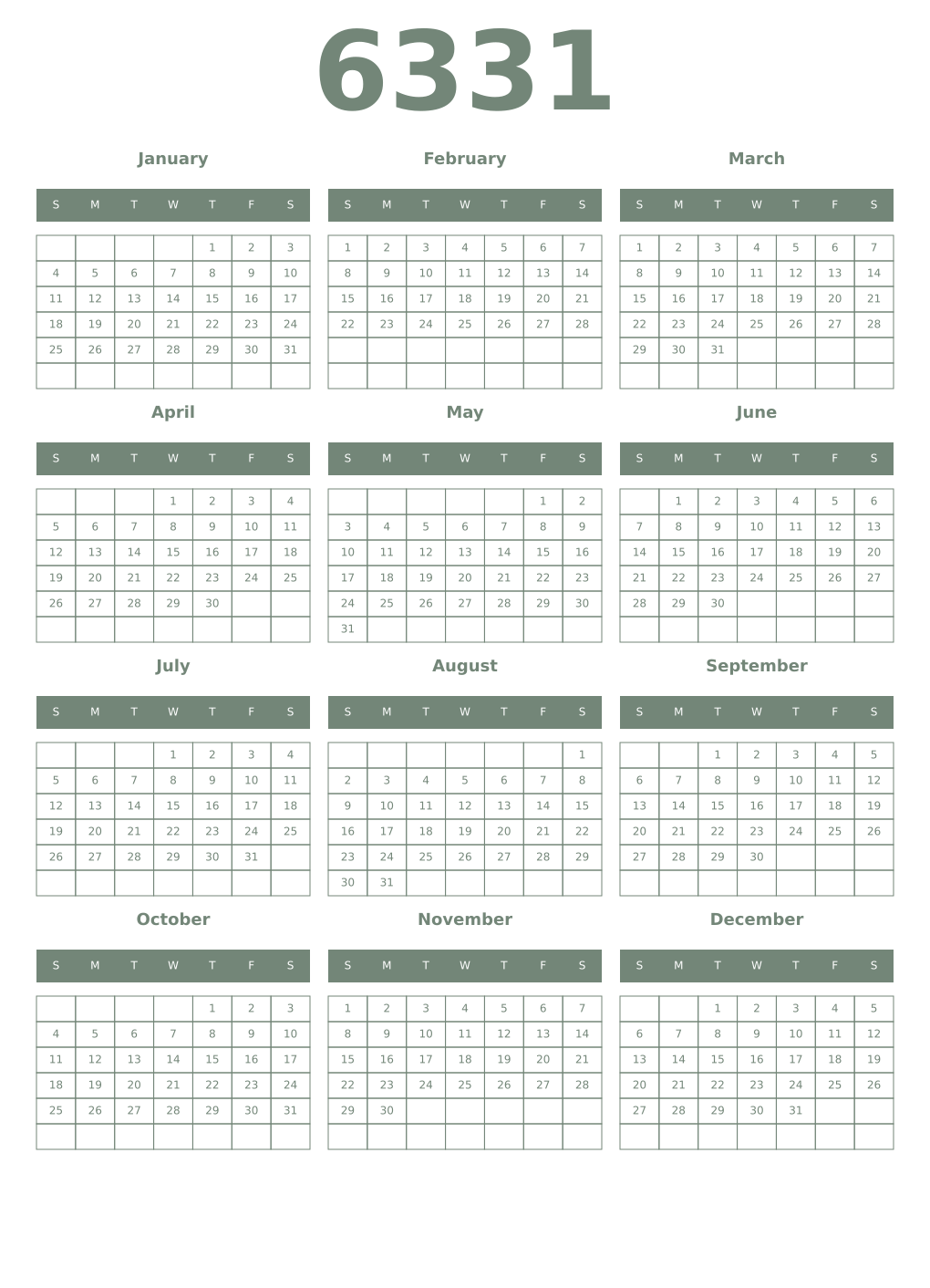 Printable 6331 Year Calendars xanadu