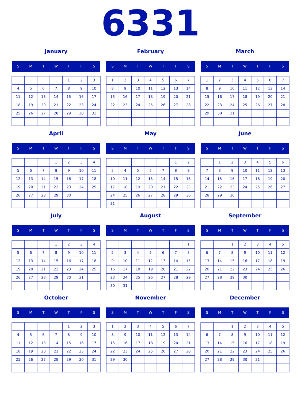 Printable 6331 Year Calendars zaffre