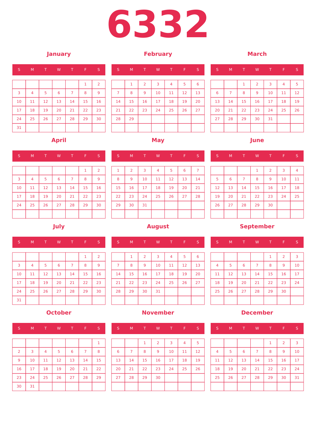 Printable 6332 Year Calendars amaranth