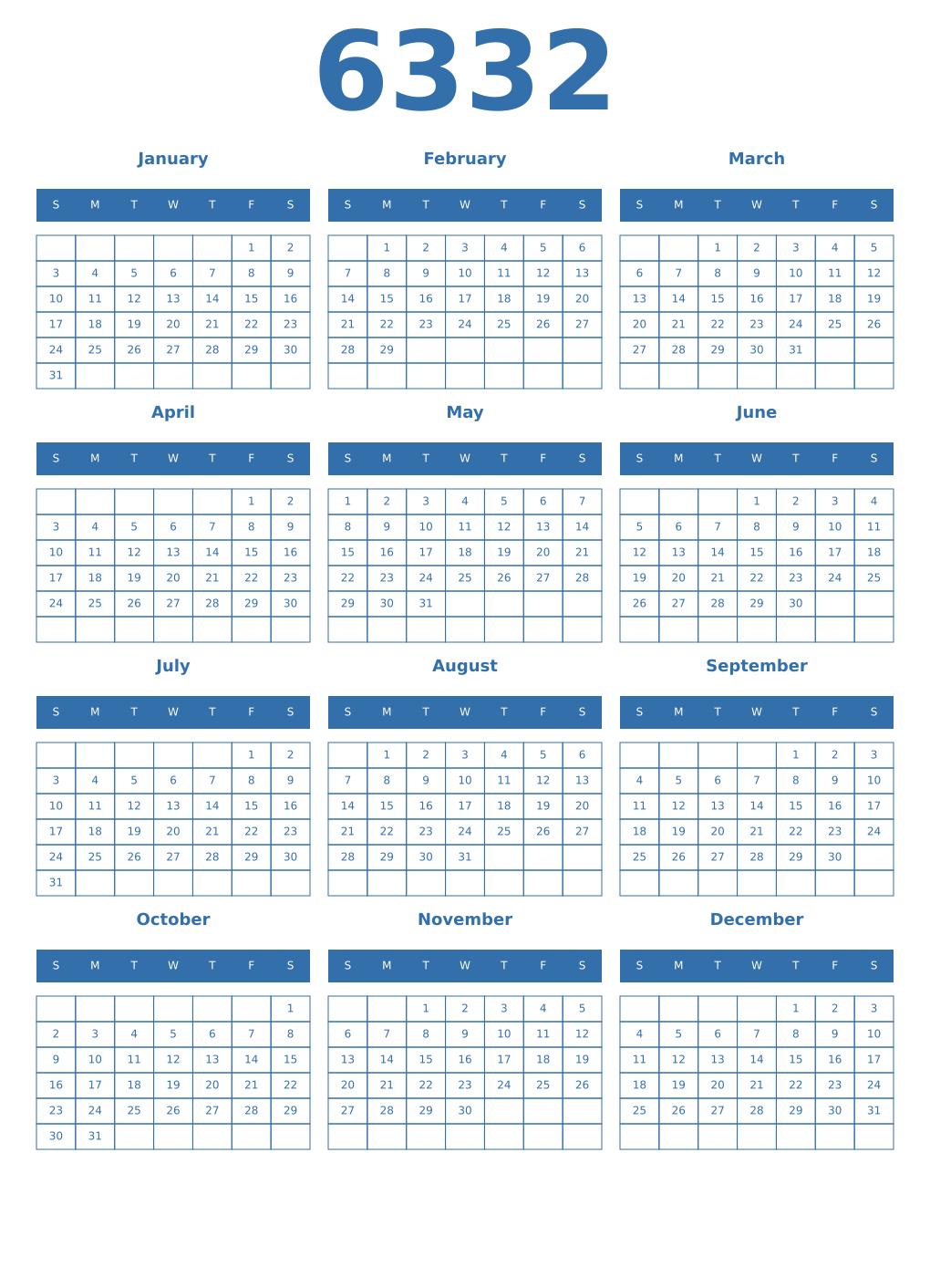 Printable 6332 Year Calendars blue