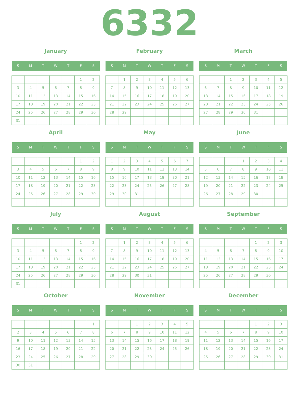 Printable 6332 Year Calendars celadon