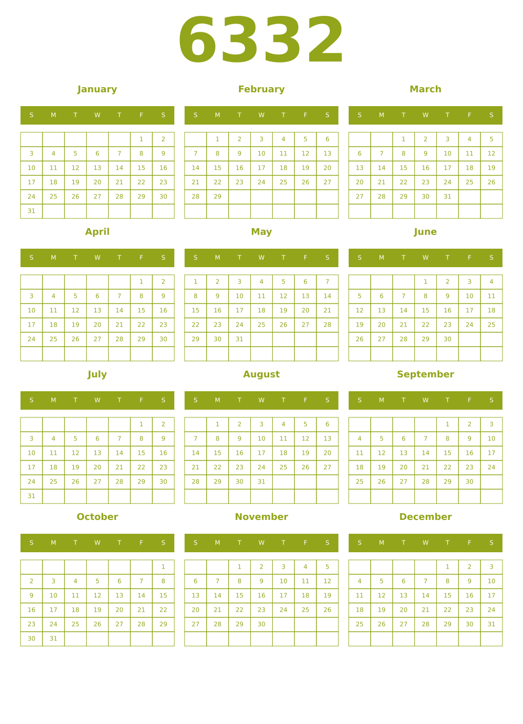 Printable 6332 Year Calendars chartreuse