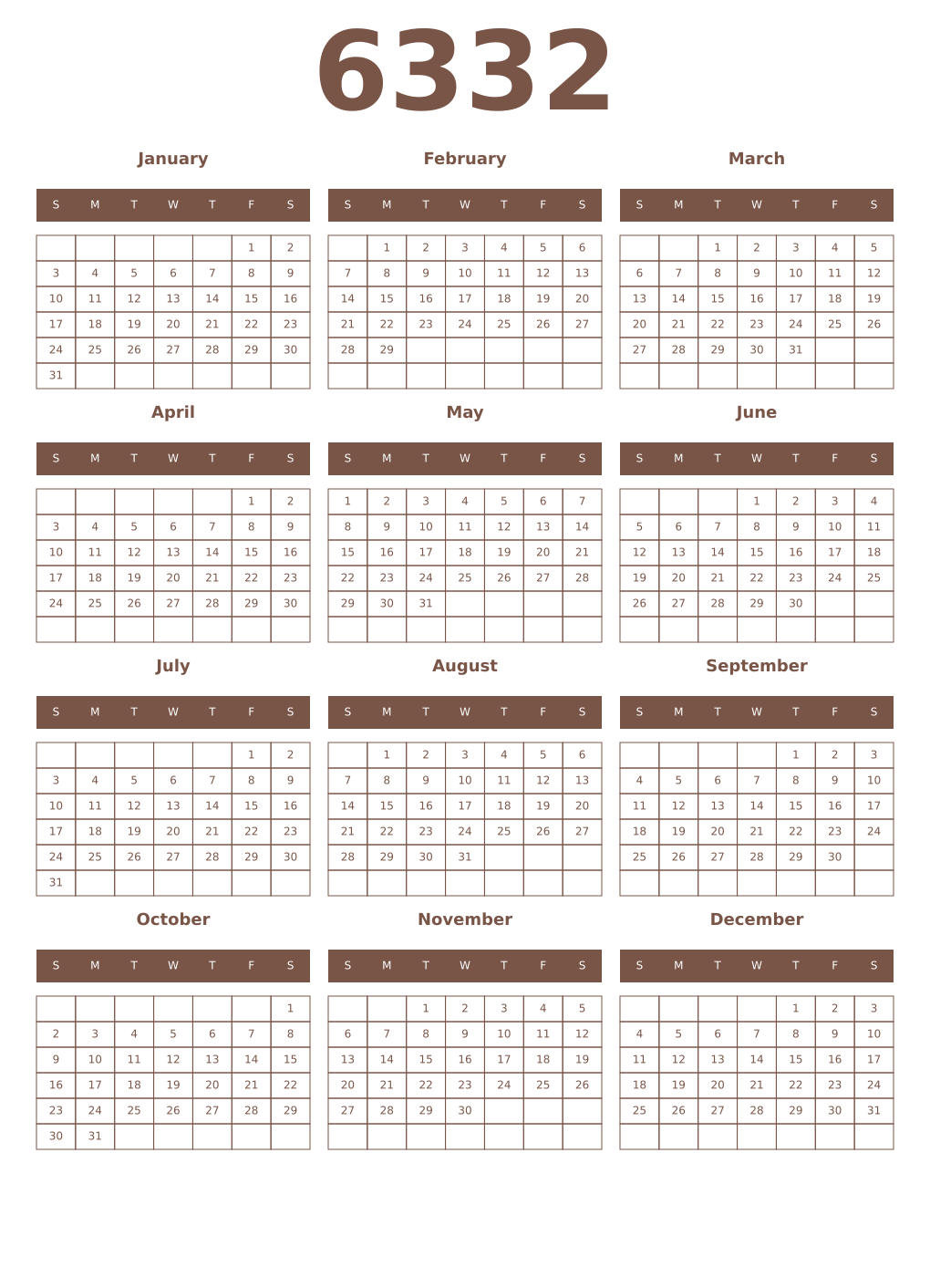 Printable 6332 Year Calendars coffe