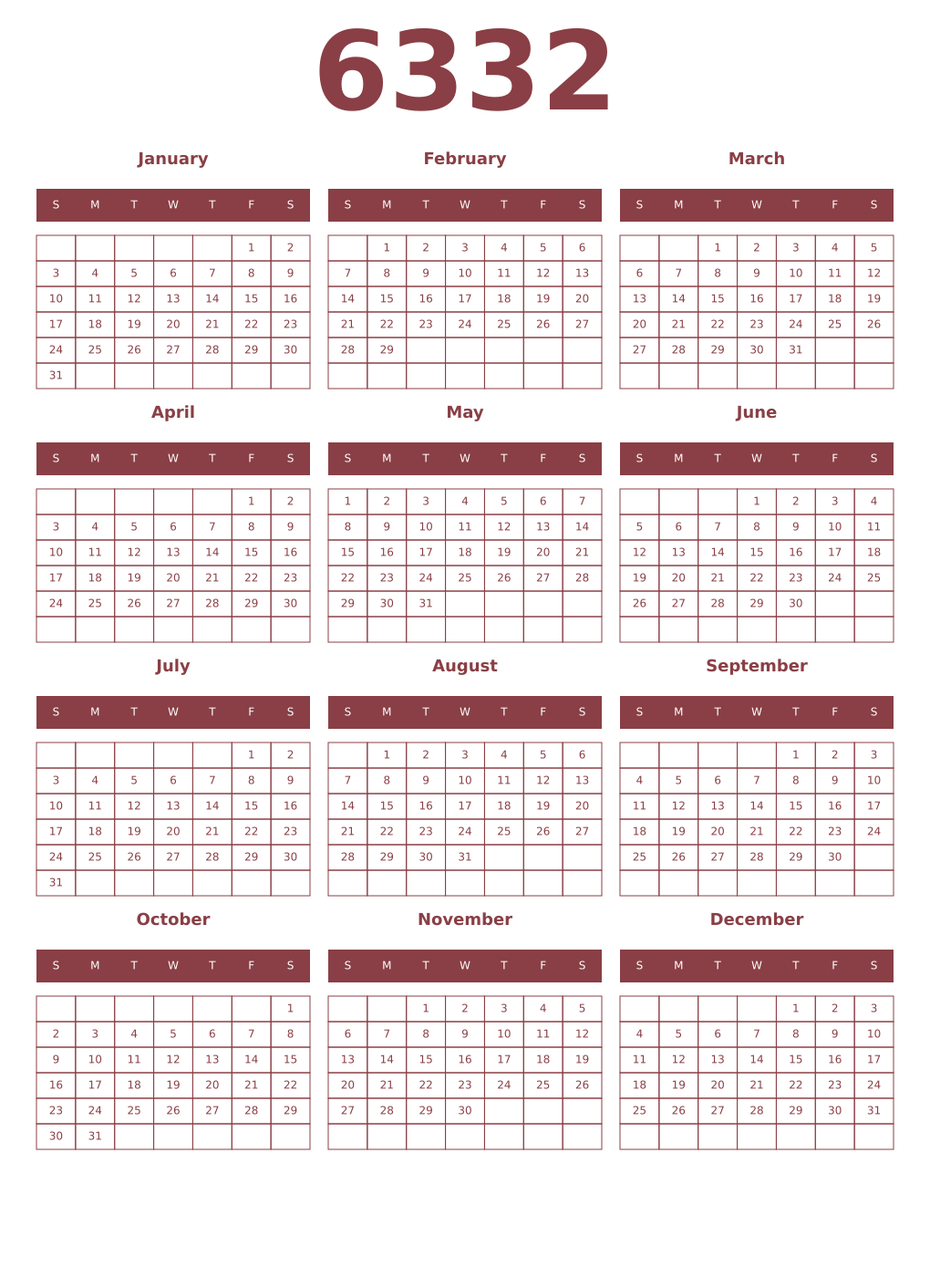 Printable 6332 Year Calendars cordovan