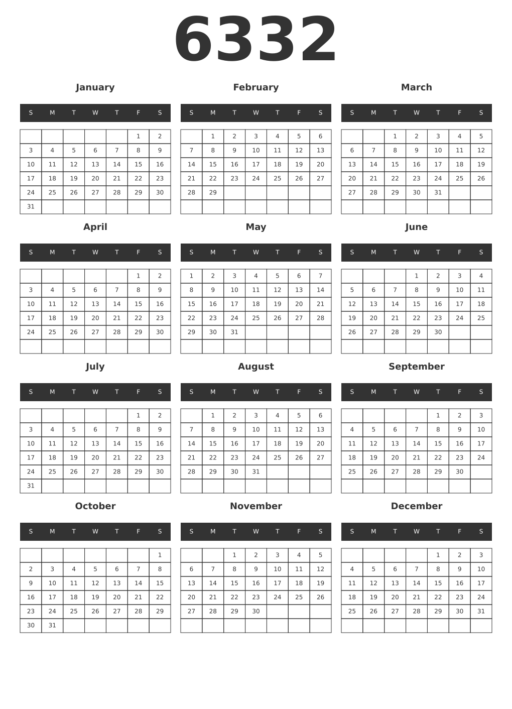 Printable 6332 Year Calendars dark