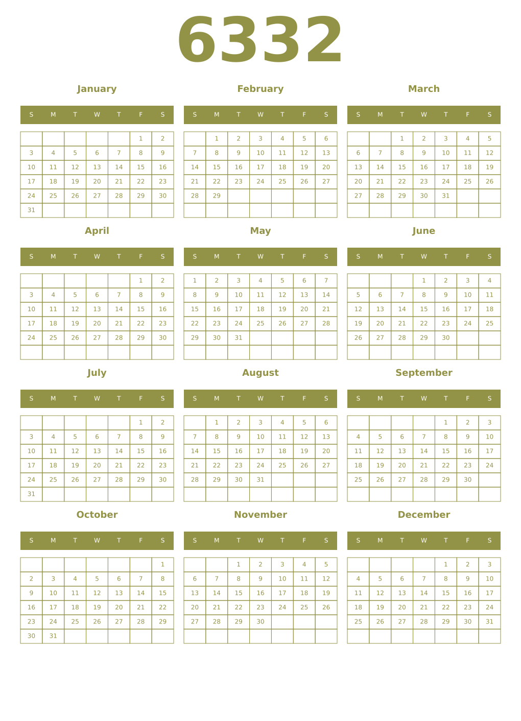 Printable 6332 Year Calendars eburnean