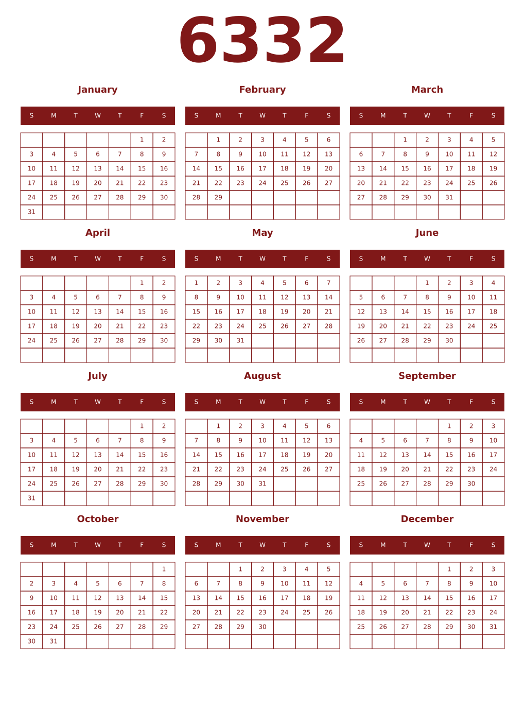 Printable 6332 Year Calendars falu