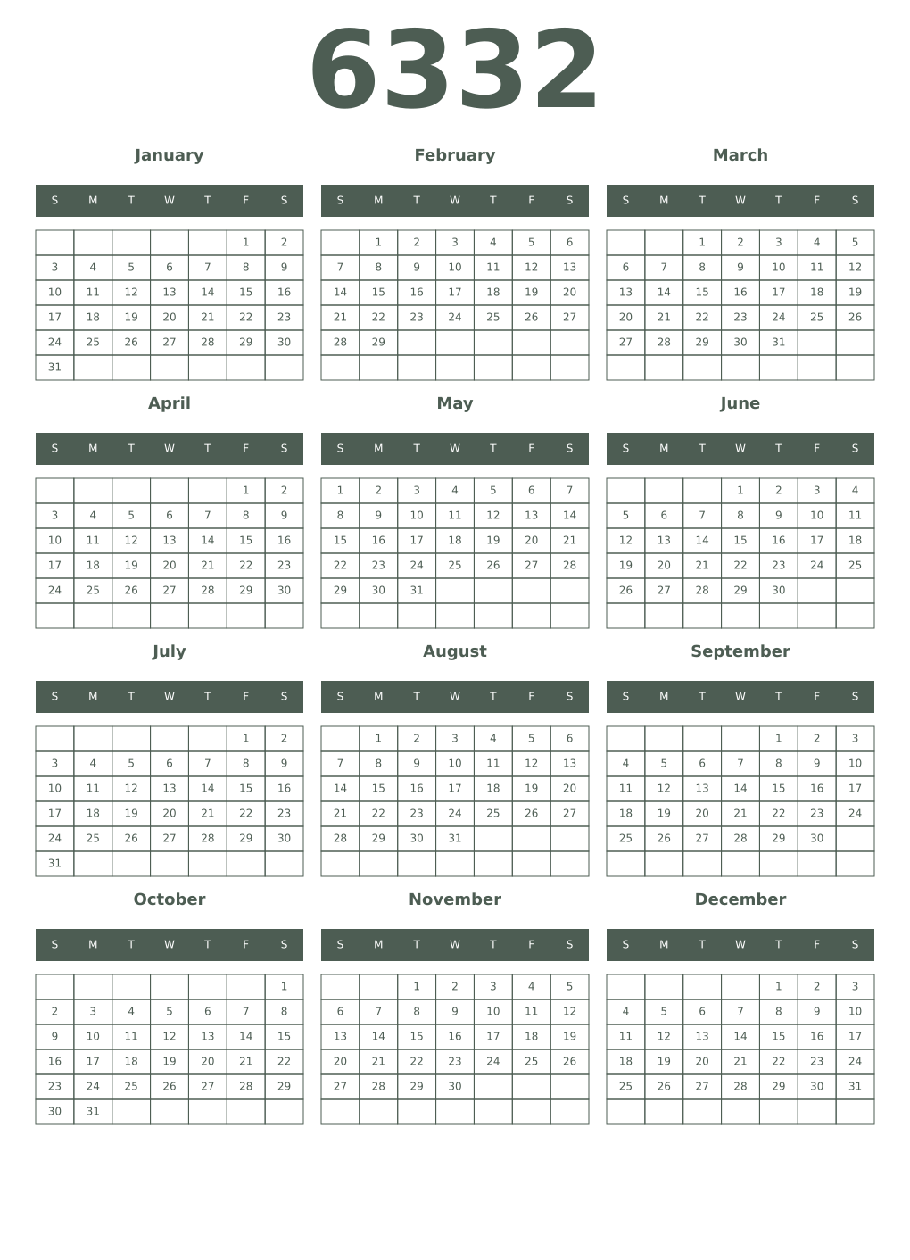 Printable 6332 Year Calendars feldgrau