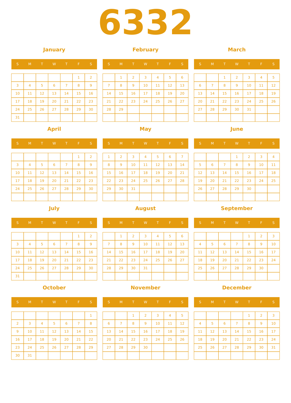 Printable 6332 Year Calendars gamboge