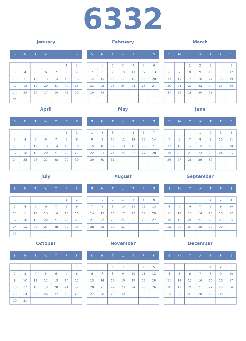Printable 6332 Year Calendars glaucous