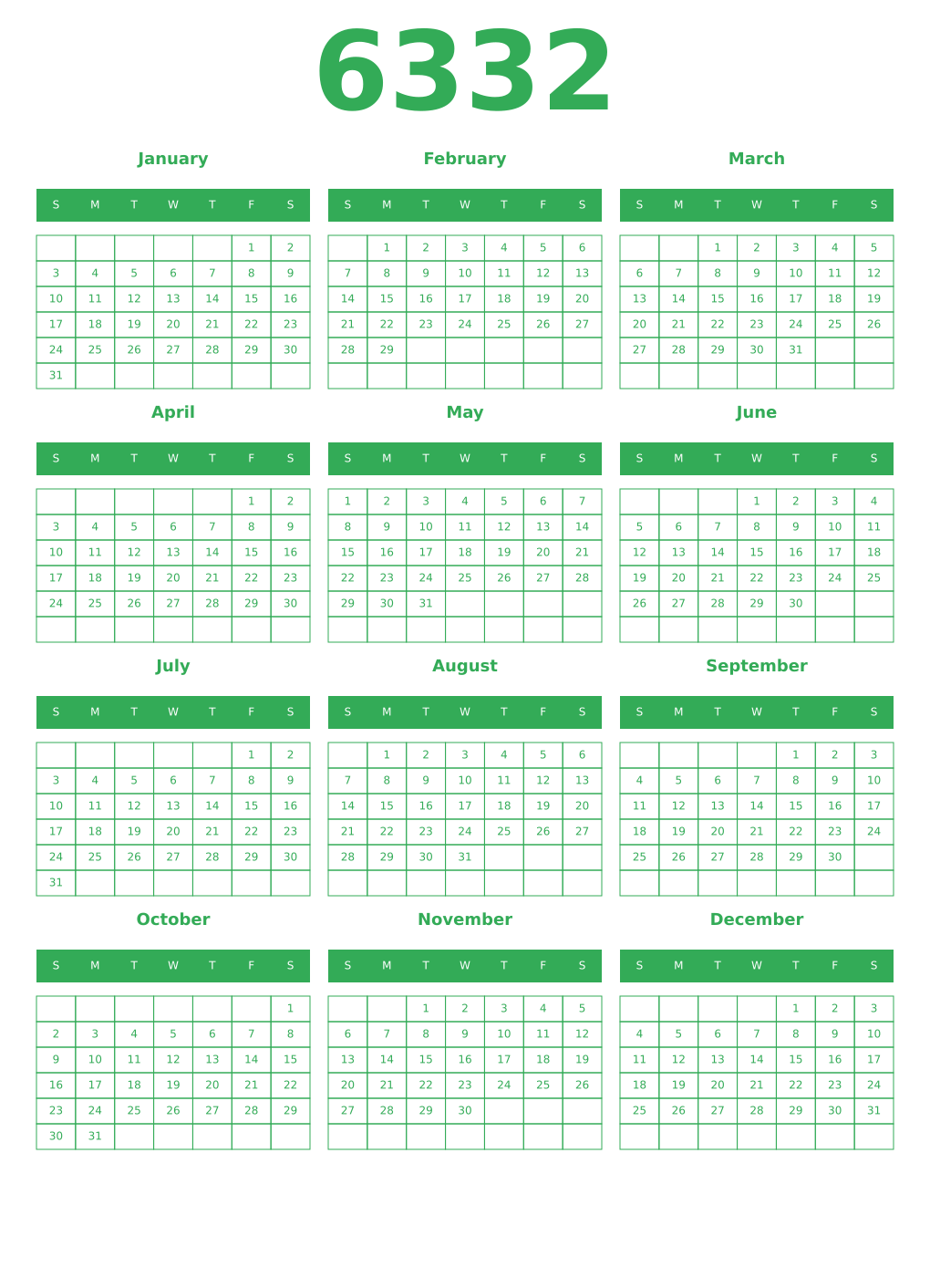 Printable 6332 Year Calendars green