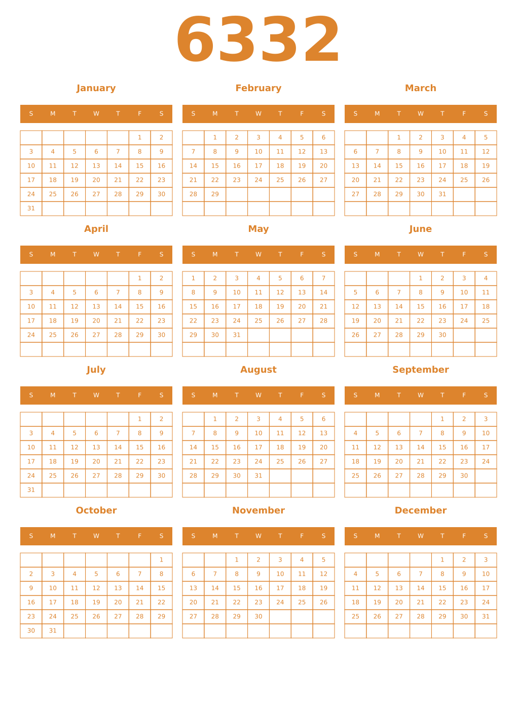 Printable 6332 Year Calendars orange