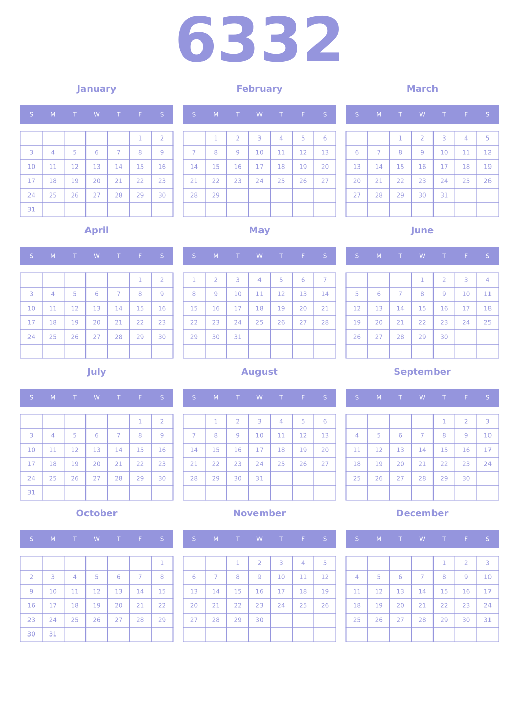 Printable 6332 Year Calendars periwinkle