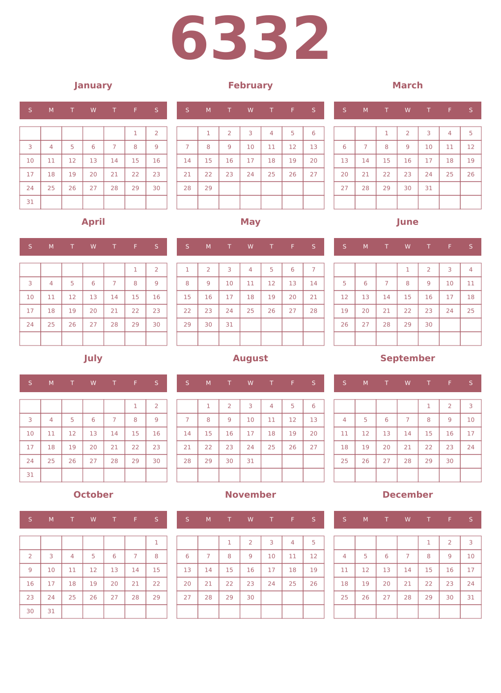 Printable 6332 Year Calendars puce