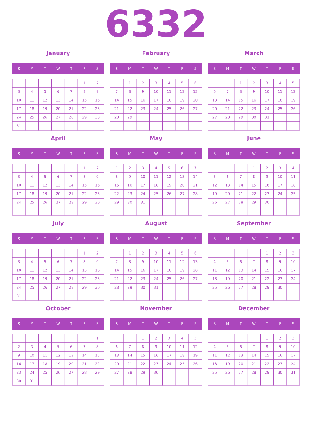 Printable 6332 Year Calendars purple