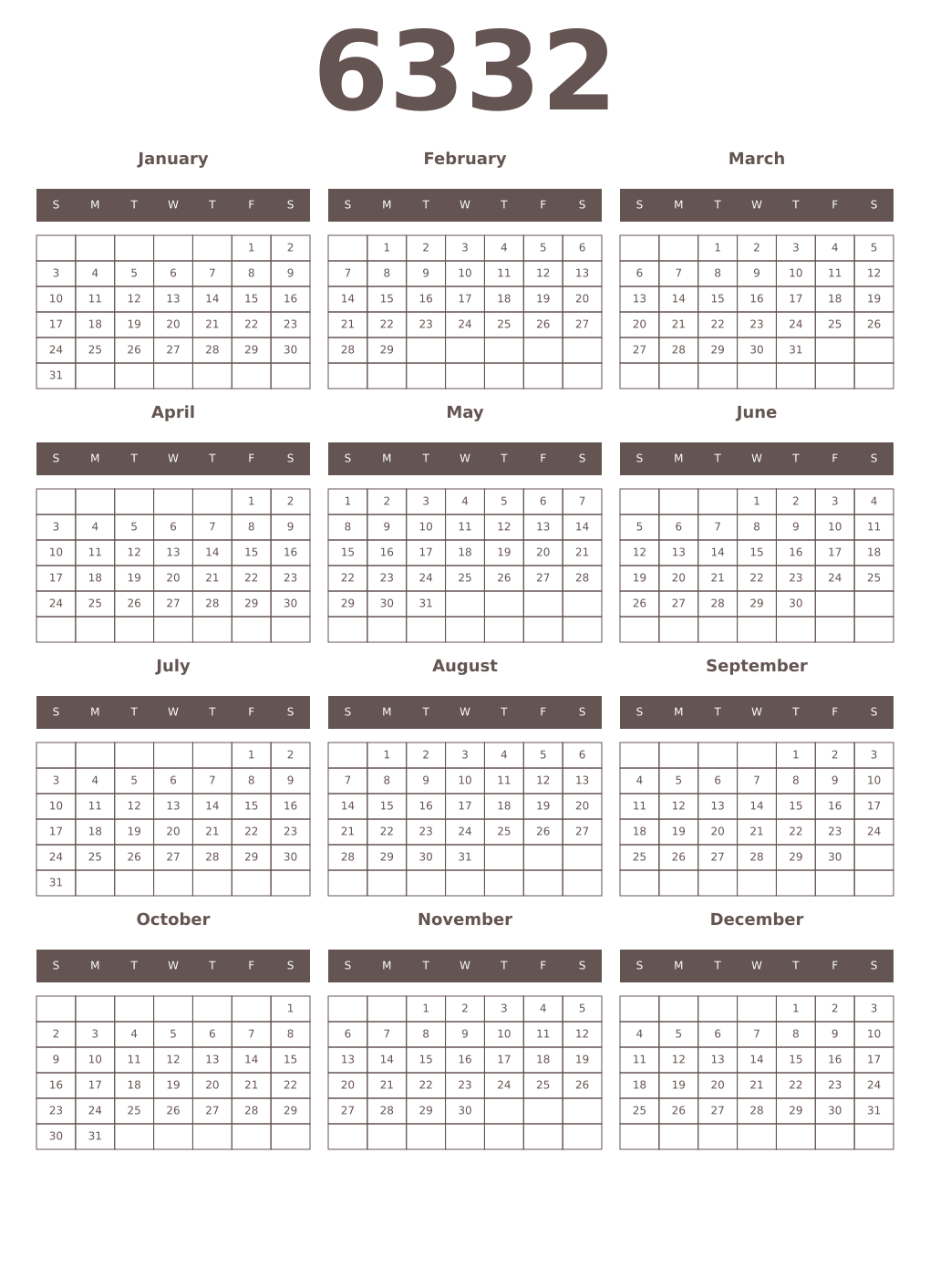 Printable 6332 Year Calendars wenge