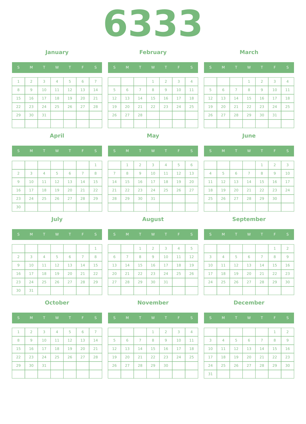 Printable 6333 Year Calendars celadon