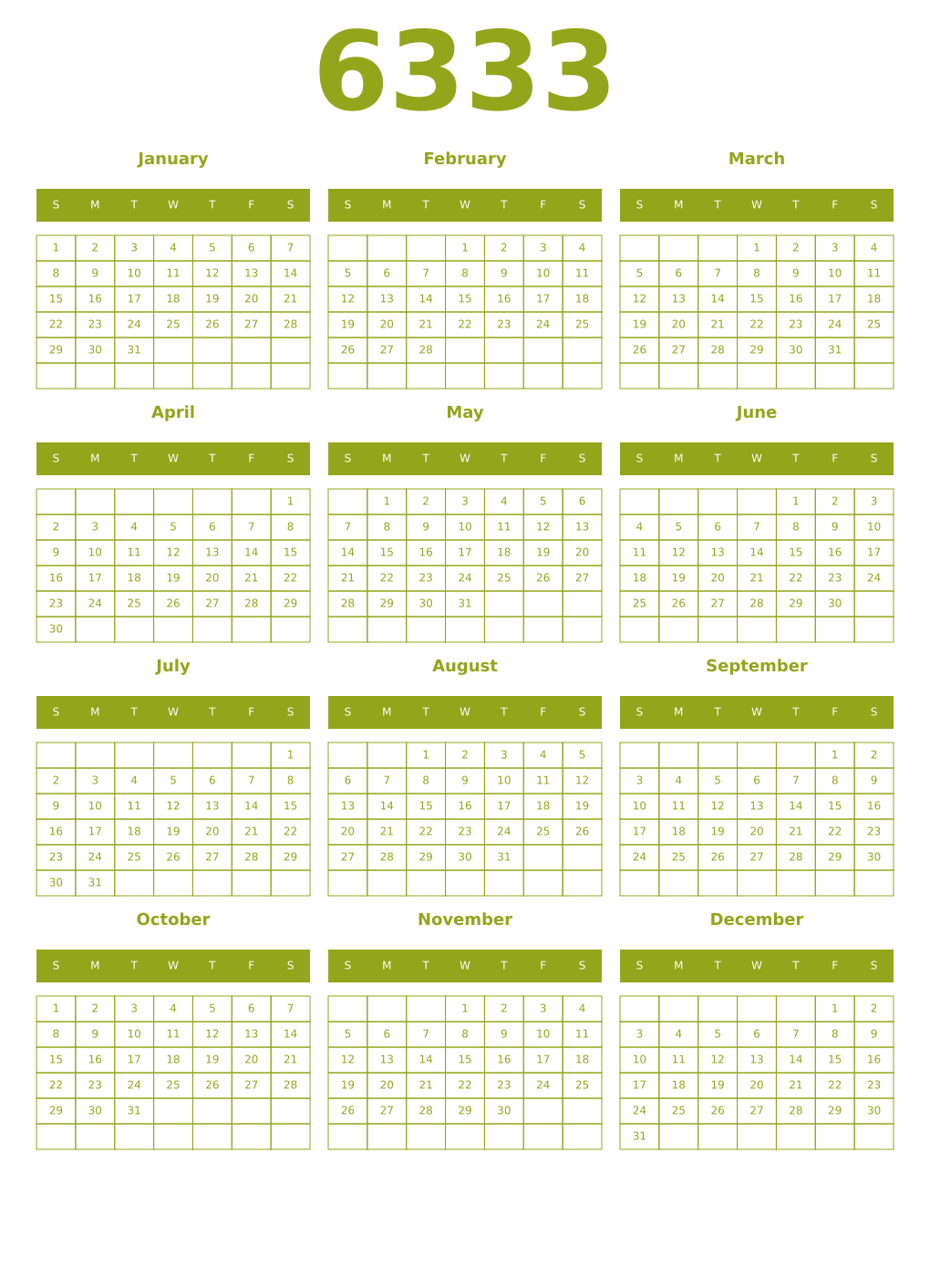 Printable 6333 Year Calendars chartreuse