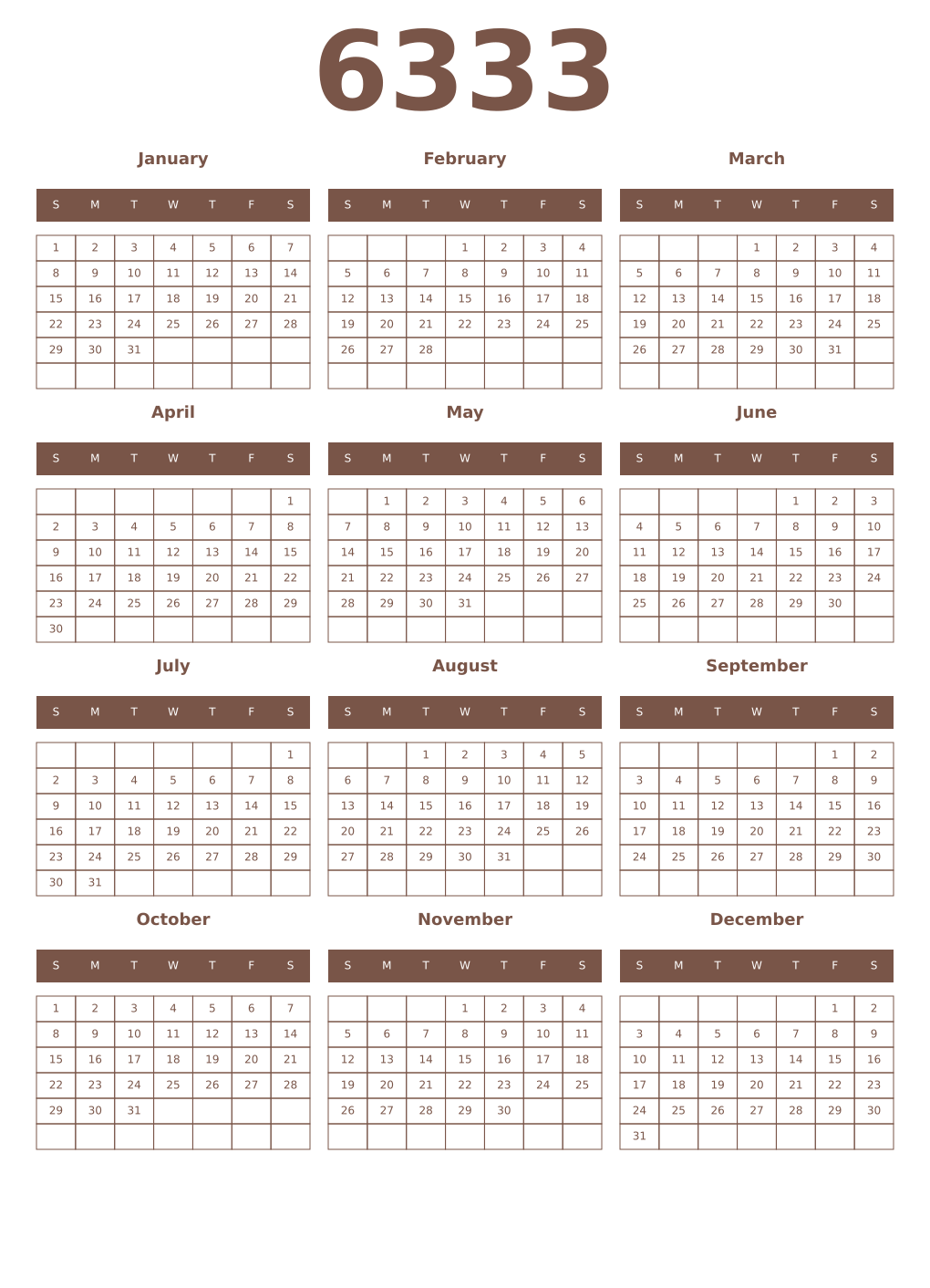 Printable 6333 Year Calendars coffe