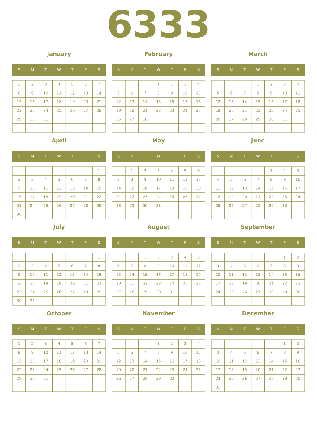 Printable 6333 Year Calendars eburnean