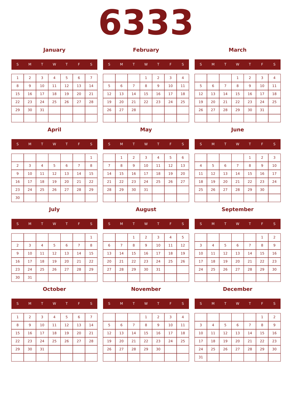 Printable 6333 Year Calendars falu