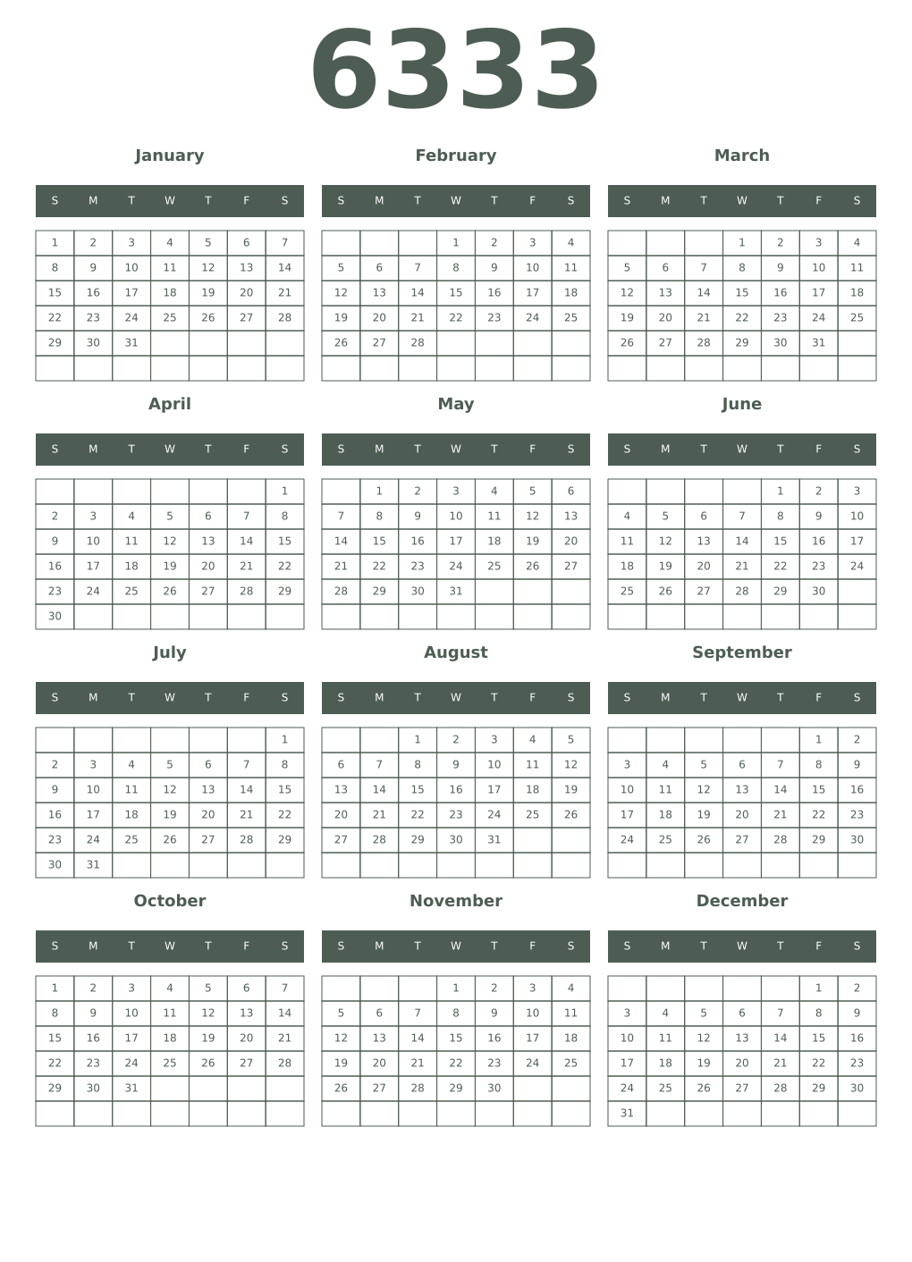 Printable 6333 Year Calendars feldgrau