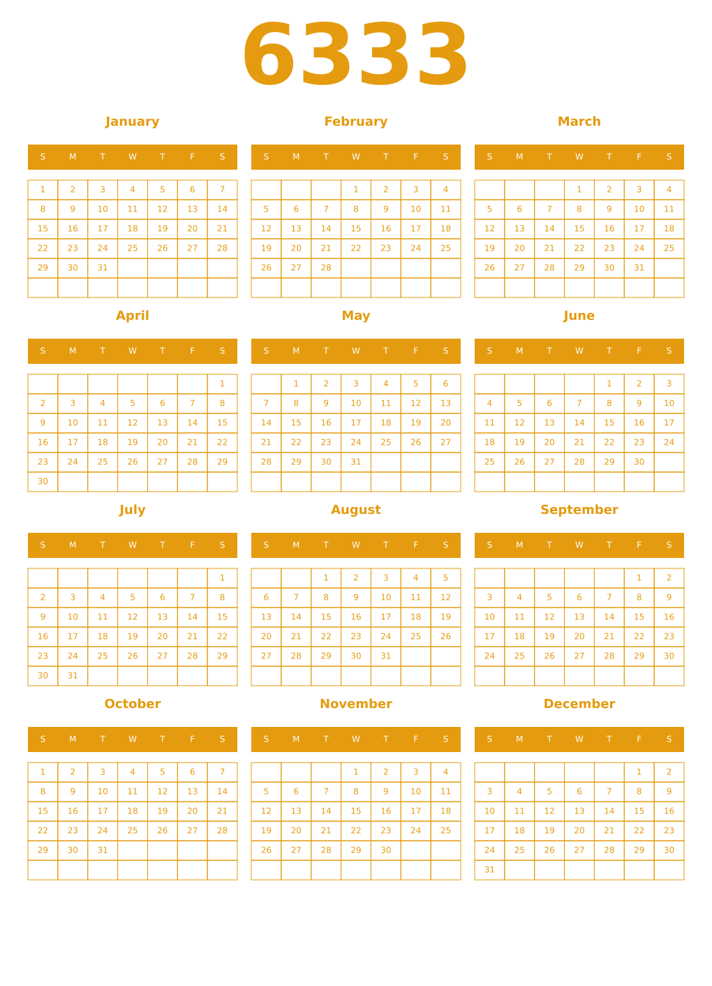 Printable 6333 Year Calendars gamboge